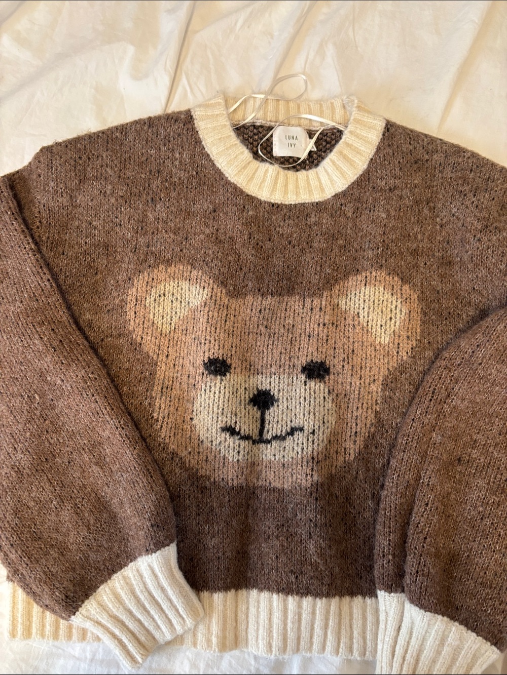 Luna Ivy Brown Bear Crewneck Sweater with Cream Trim